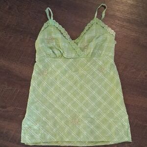Vanity Y2k brand green plaid camisole/ babydoll-style top with lace trim